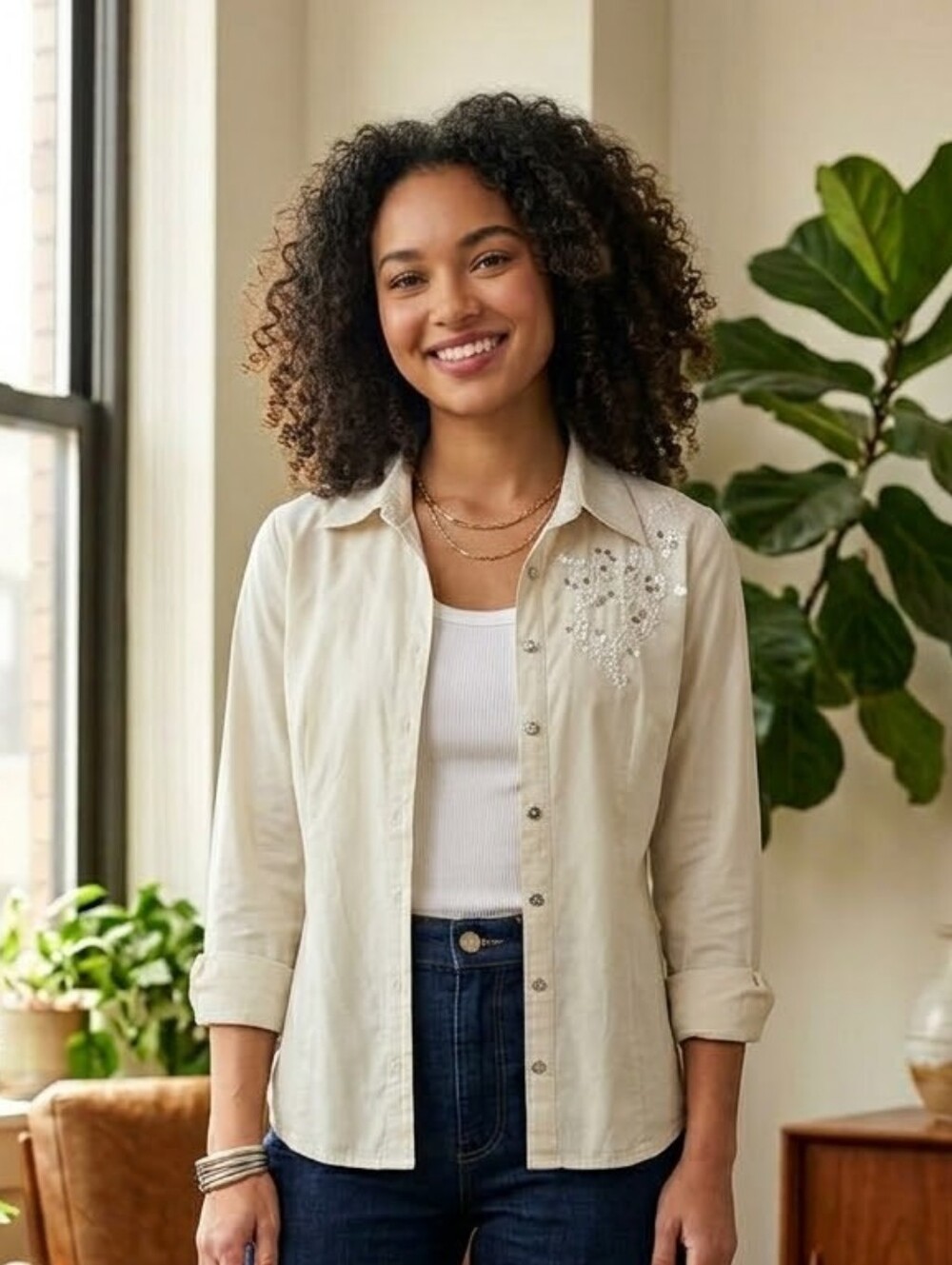 Women's Cream Button-Up Shirt with Sequin Detail